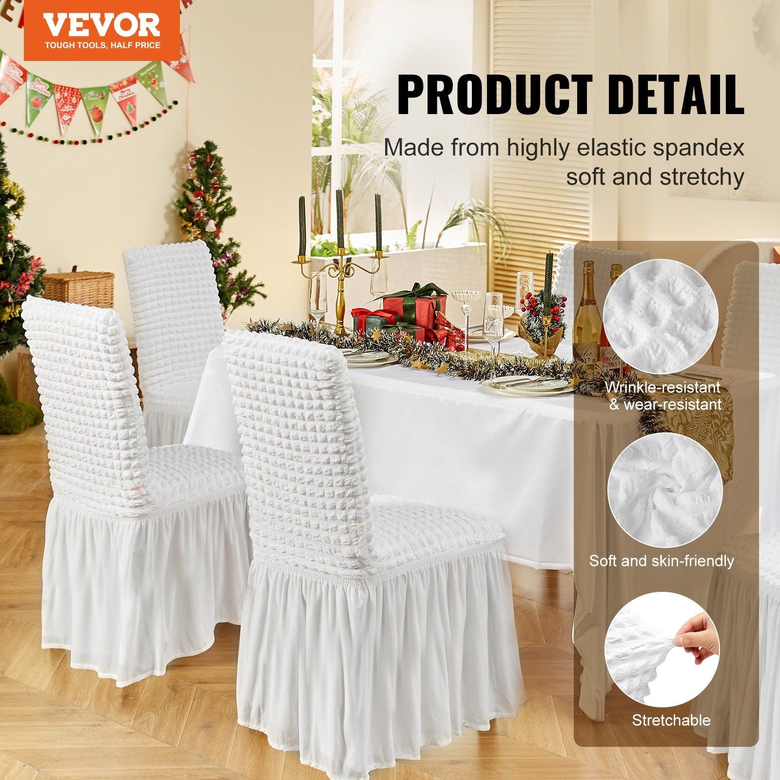VEVOR Stretch Spandex Folding Chair Covers, Universal Fitted Chair Cover with Skirt, Removable Washable Protective Slipcovers, for Wedding, Holiday, Banquet, Party, Celebration, Dining (4 PCS White) - JM Variety Store